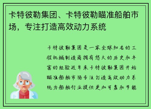 卡特彼勒集团、卡特彼勒瞄准船舶市场，专注打造高效动力系统