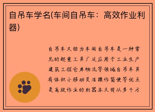 自吊车学名(车间自吊车：高效作业利器)